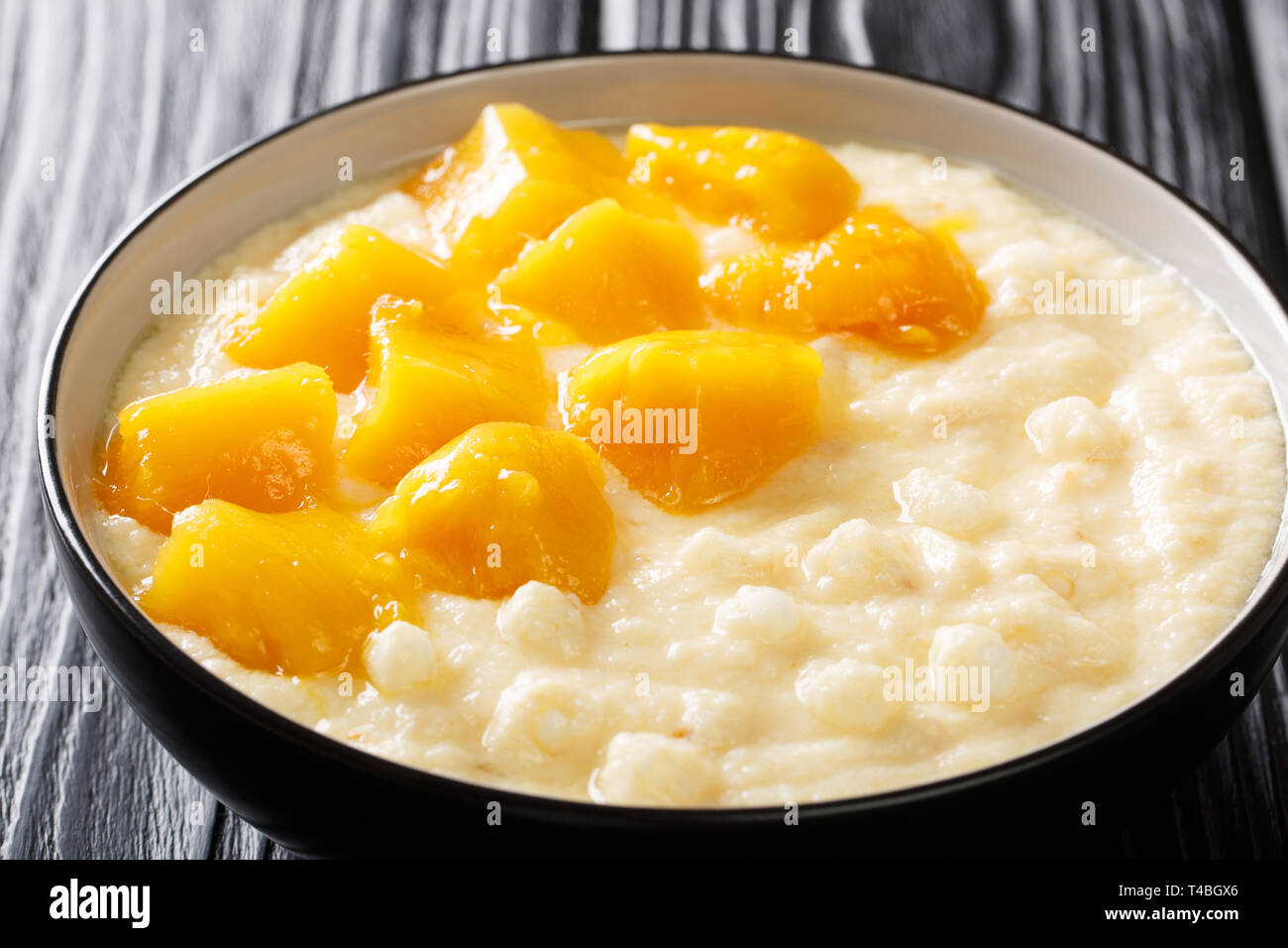 Dessert asiatique pudding à base de tapioca au lait de coco et mangue close-up dans un bol sur la table horizontale. Banque D'Images