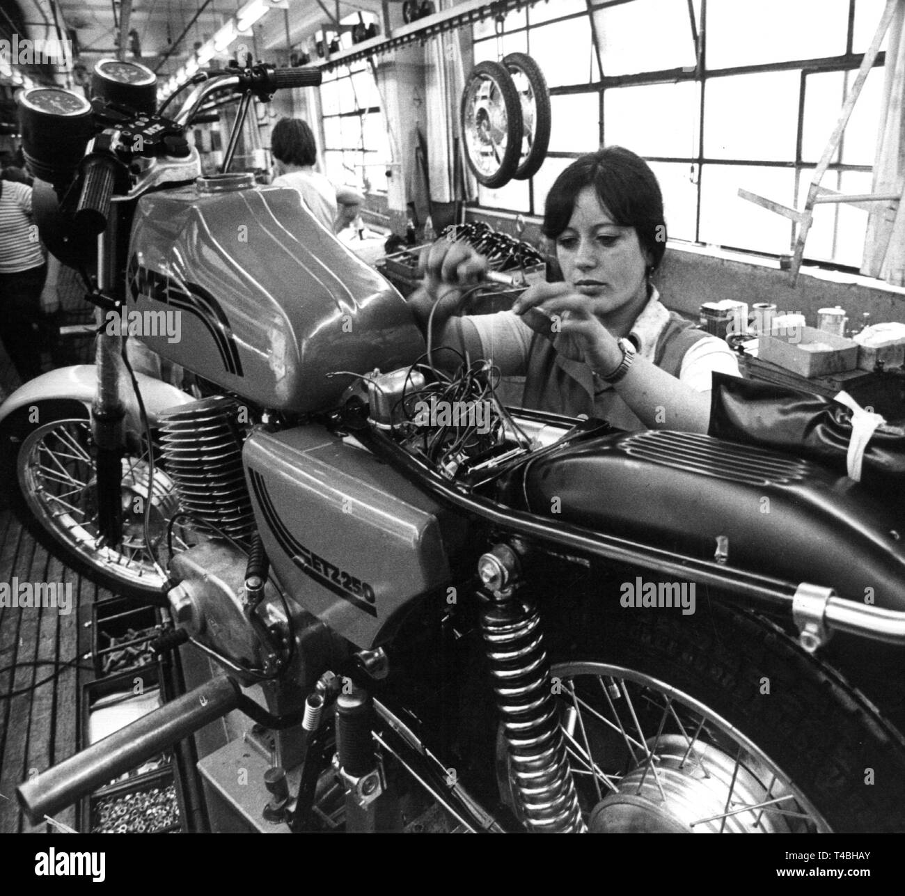 Un travailleur féminin de la moto en fatcory Zschopau vérifie le faisceau de câbles électriques d'un nouveau MZ ETZ 250 bike le 10 octobre 1981. La production du nouveau type de moto a commencé à l'usine la même année. Dans le monde d'utilisation | Banque D'Images