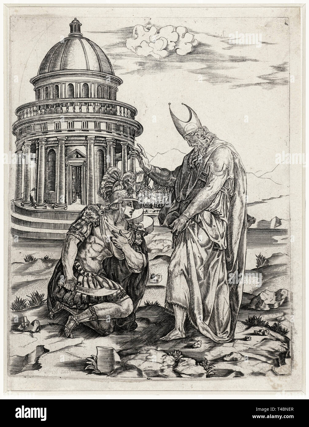 Alexandre le Grand s'agenouillant devant le grand prêtre d'Ammon, gravure, Francesco Salviati, ch. 1530 Banque D'Images