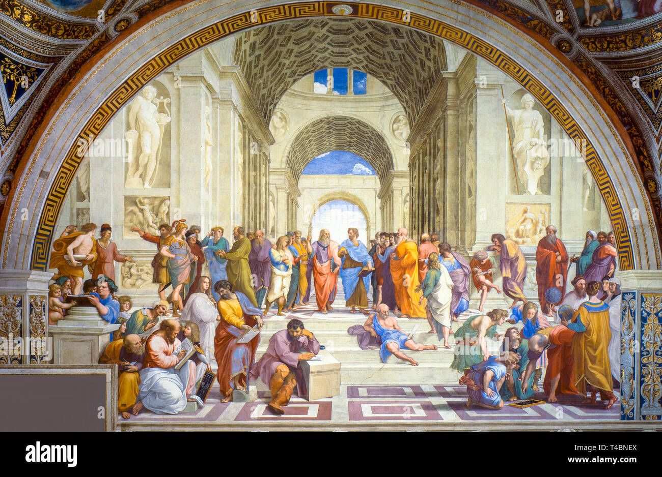 Raphaël, l'École d'Athènes, fresque, 1511, personnes représentées, Epicurus, Averroes, Pythagoras, Parmenides, Socrates, Alexandre le Grand, Ptolémée, Aristote Banque D'Images