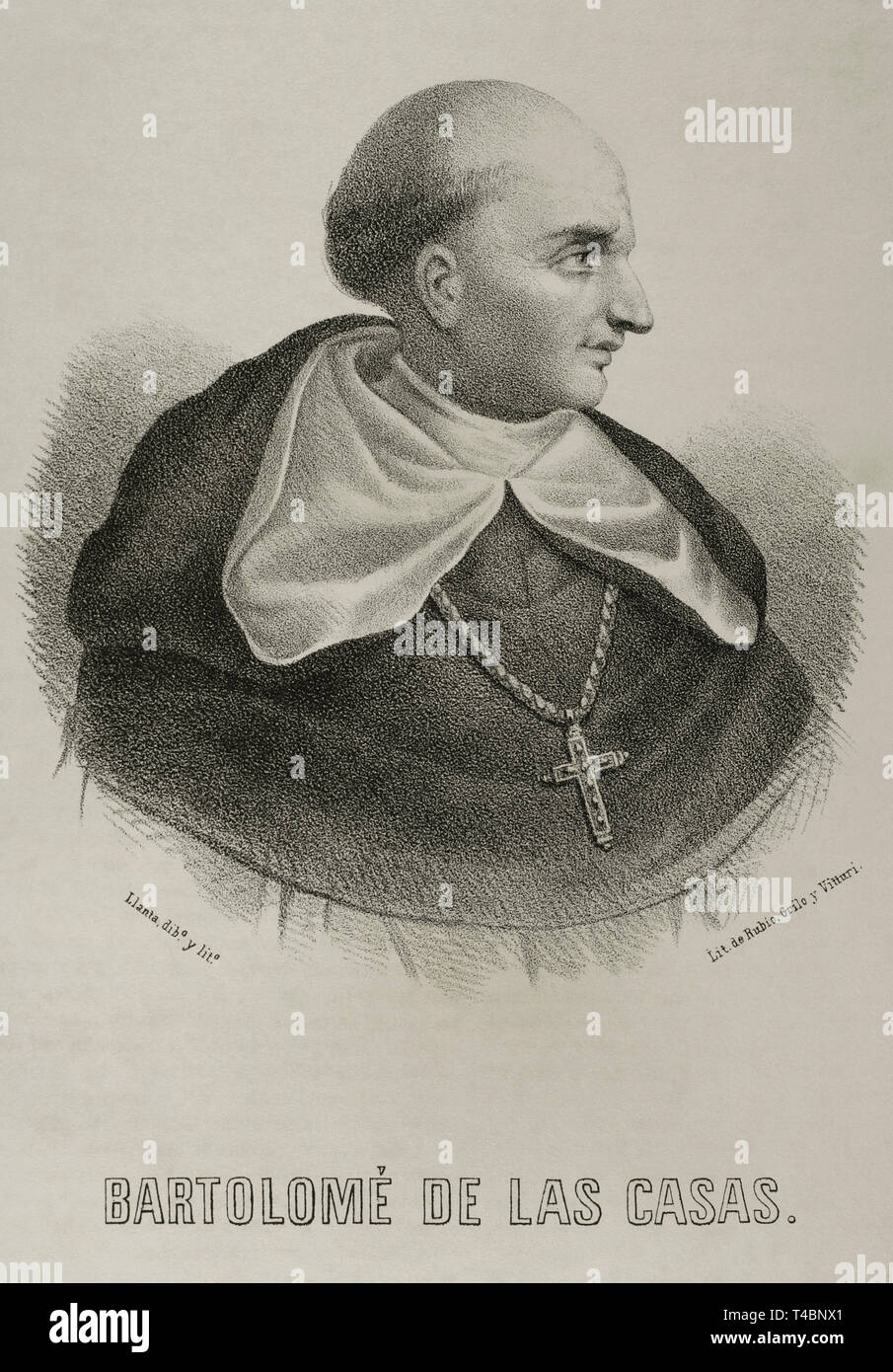 Bartolomé de las Casas (1474-1566). Frère dominicain espagnol, évêque du Chiapas. Dessin de Berr. La lithographie. Portrait. Cronica General de España, Historia Ilustrada Descriptiva y de sus Provincias. Andalousie, 1867. Banque D'Images