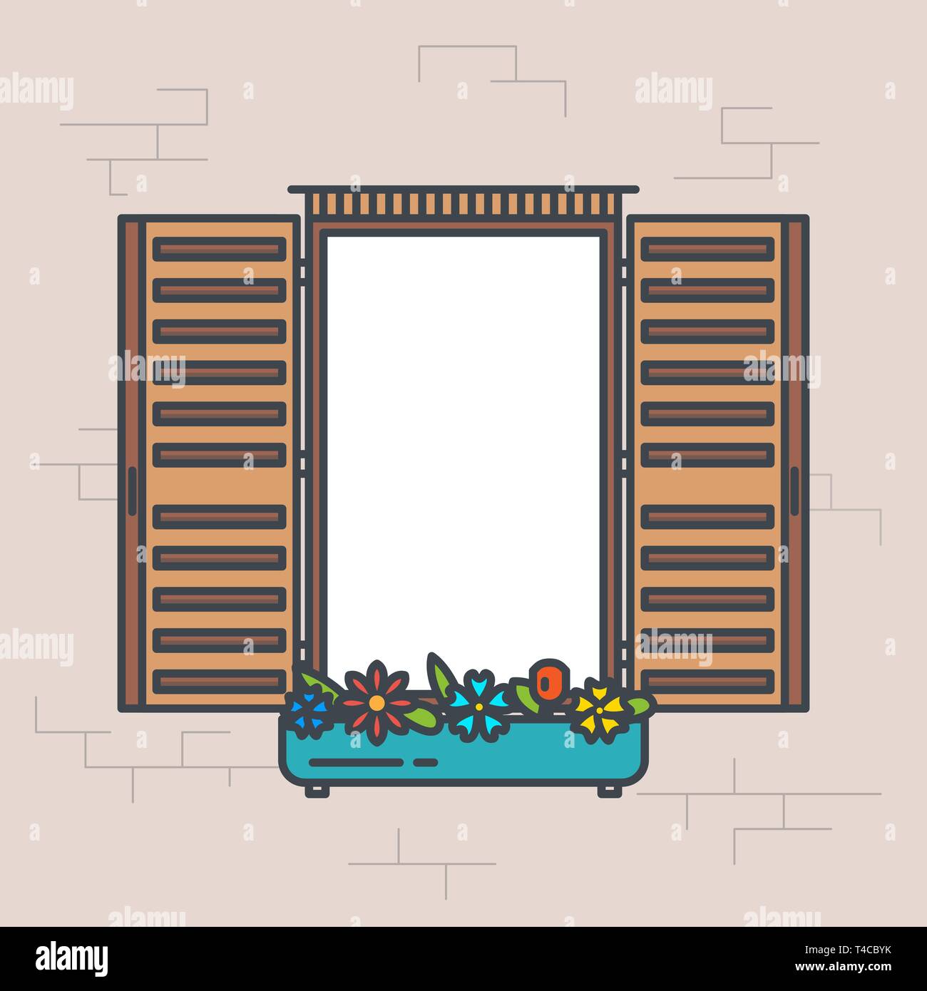 Châssis de fenêtre ouverte. Illustration vecteur de style de ligne. La fenêtre de style design rétro bannière. Vue avant avec pot de fleurs et de volets. Voir à travers la vitre pix Illustration de Vecteur