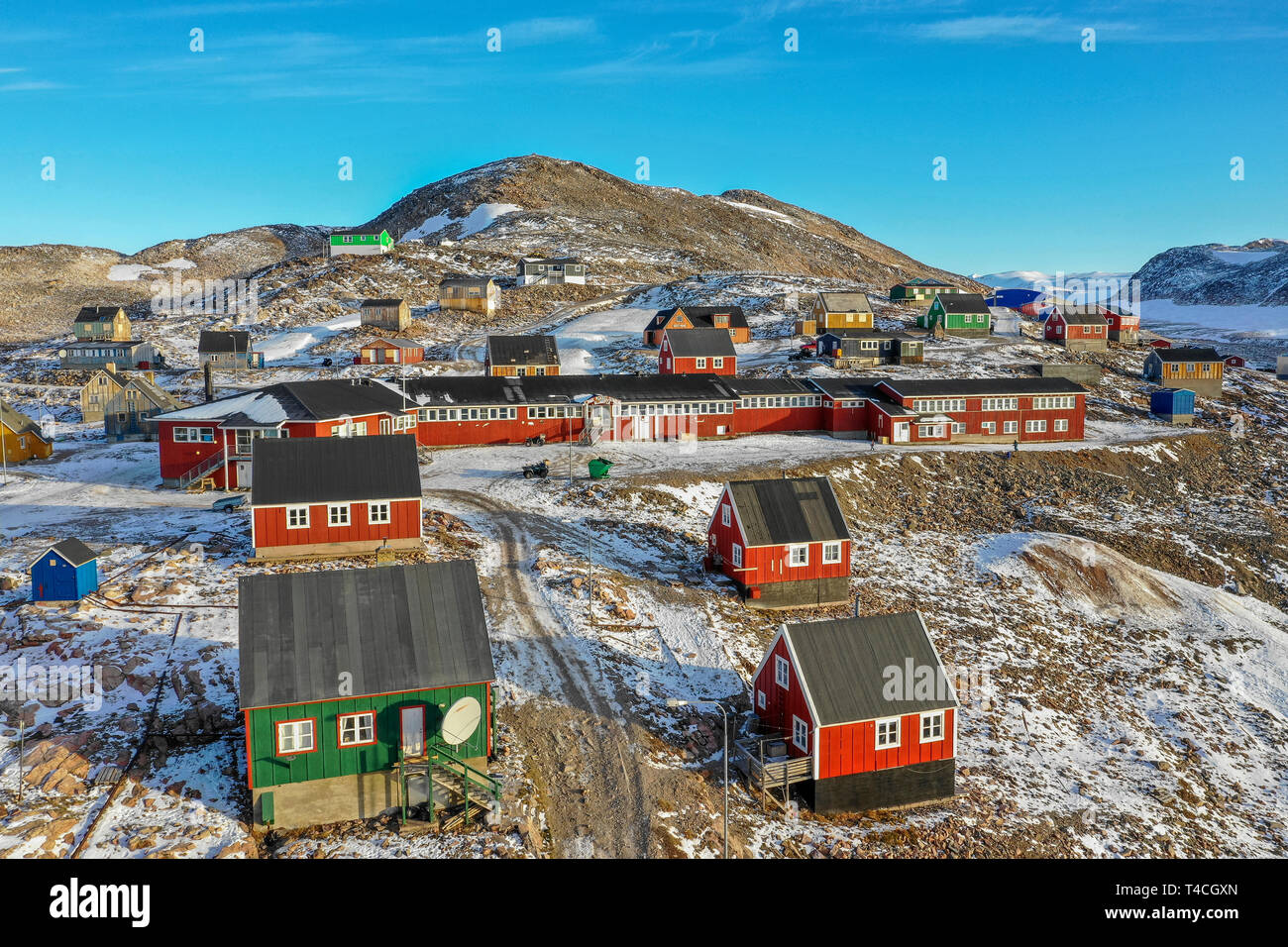 Village Ittoqqortoormiit, Illoqqortoormiut (Groenlandais) Scoresbysund (danois), Groenland Banque D'Images
