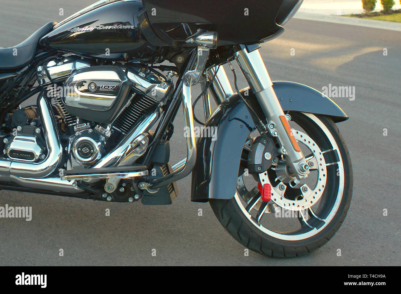 Vue rapprochée de l'extrémité avant d'une Harley Davidson moto. Banque D'Images