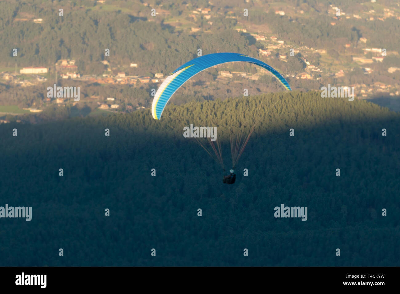 Personne voyageant en parapente au-dessus d'une forêt d'arbres verts Banque D'Images