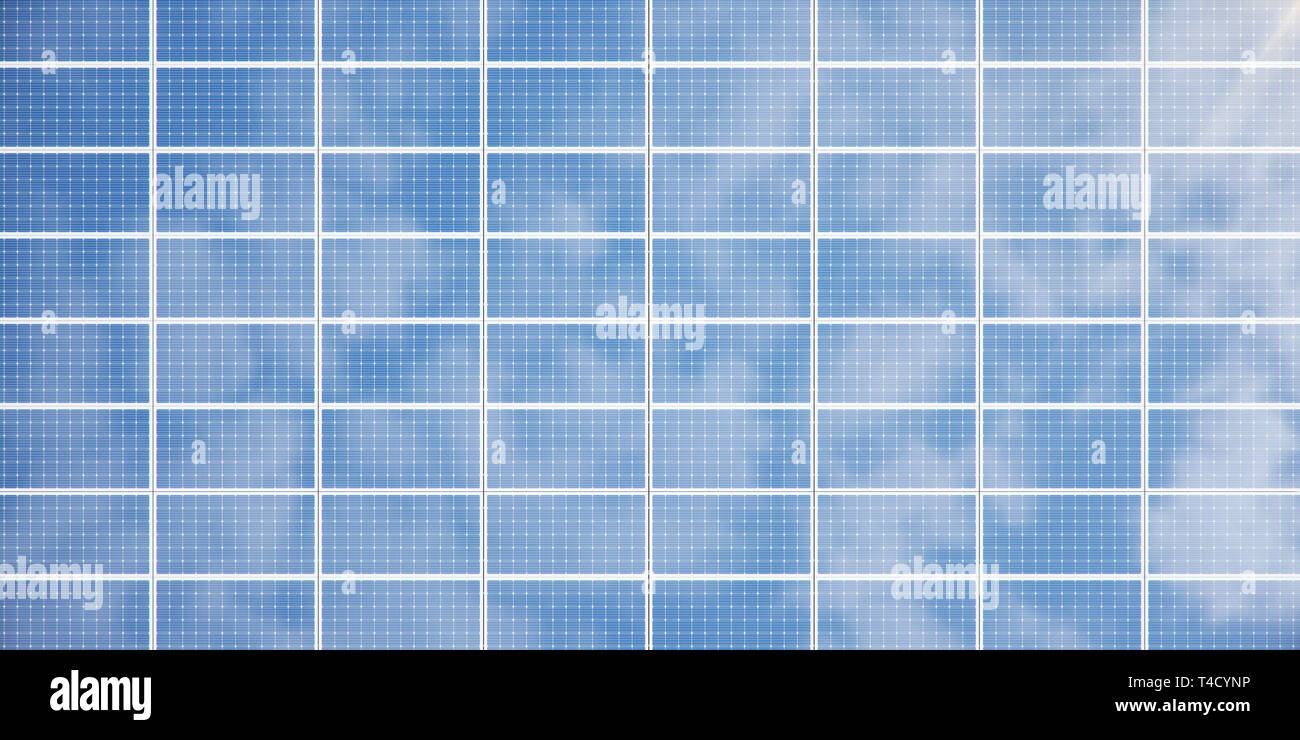 3D illustration des panneaux solaires l'arrière-plan. Panneaux solaires, panneaux photovoltaïques avec réflexion ciel bleu. Concept d'énergie renouvelable. Ecological Banque D'Images