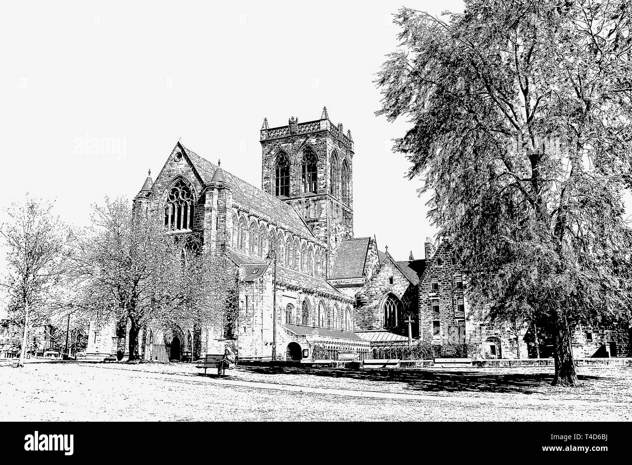 Pen & ink sketch de Paisley Abbey, Paisley, Scotland UK Banque D'Images