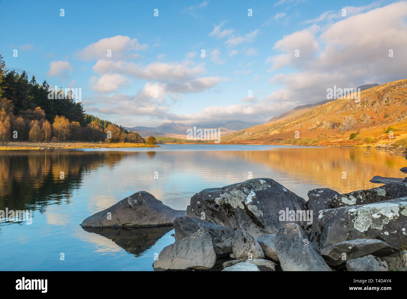 Vue au lever du soleil le matin : montagnes welsh Snowdon Horseshoe, reflétées dans l'eau du lac de Llynnau Mymbyr, parc national de Snowdonia, au nord du pays de Galles du Royaume-Uni. Banque D'Images