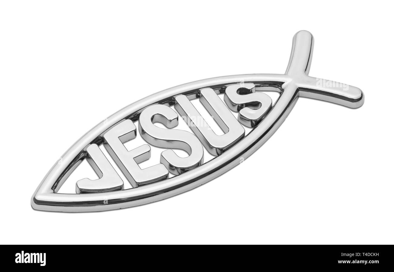 Jésus le poisson emblème voiture isolé sur fond blanc. Banque D'Images