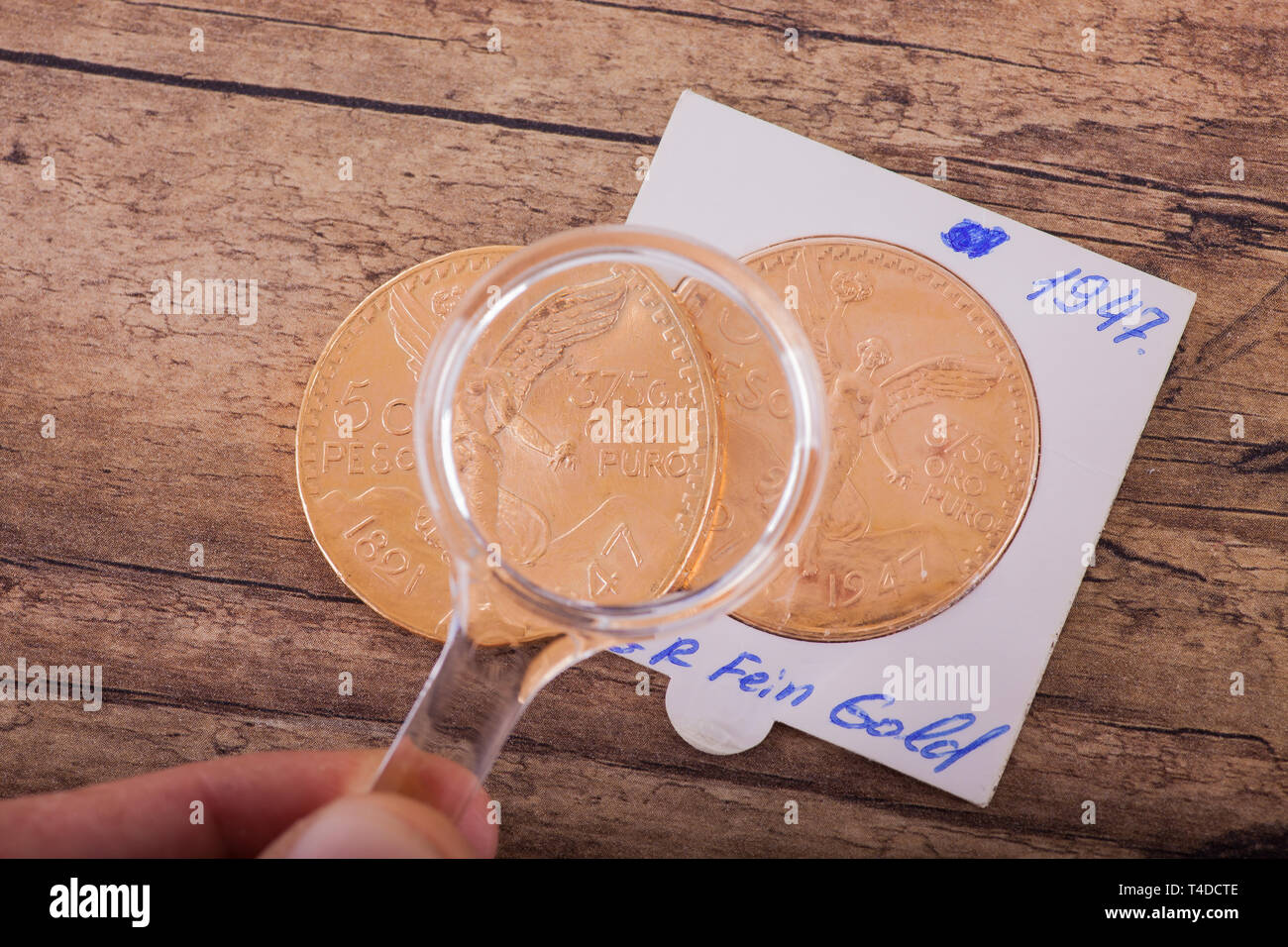Deux pièces d'or sous la loupe Banque D'Images