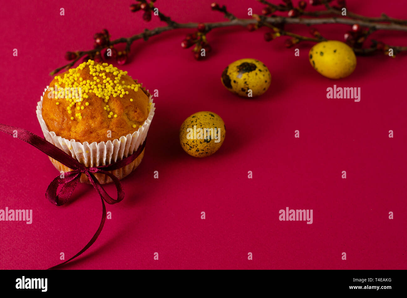 Muffins de pâques décorés avec du ruban et des Sprinkles, les oeufs colorés et une branche d'arbre d'abricot sur un fond rose ou fuchsia. Copier l'espace. Greetin Banque D'Images