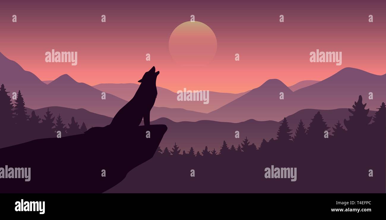 Le loup hurle à la pleine lune pourpre de la faune nature paysage vector illustration EPS10 Illustration de Vecteur