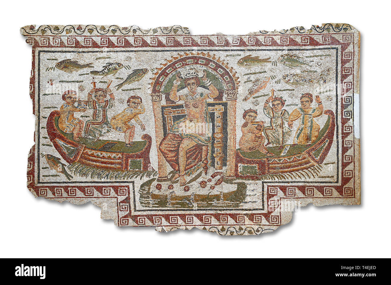 La fin du 4ième siècle mosaïque romaine de bord de Vénus, Aphrodite, sur un bateau couronnement elle-même accompagné de six nains. De Cathage, Tunisie. Le Bardo M Banque D'Images