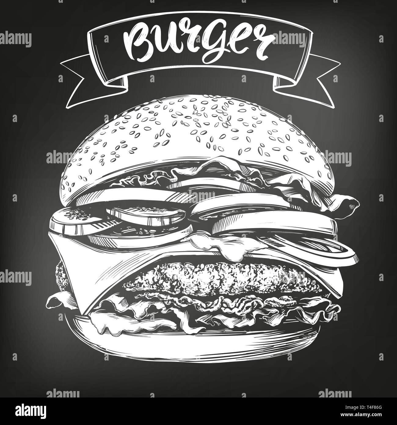 Burger, hamburger hand drawn vector illustration croquis. menu chalk. retro Illustration de Vecteur