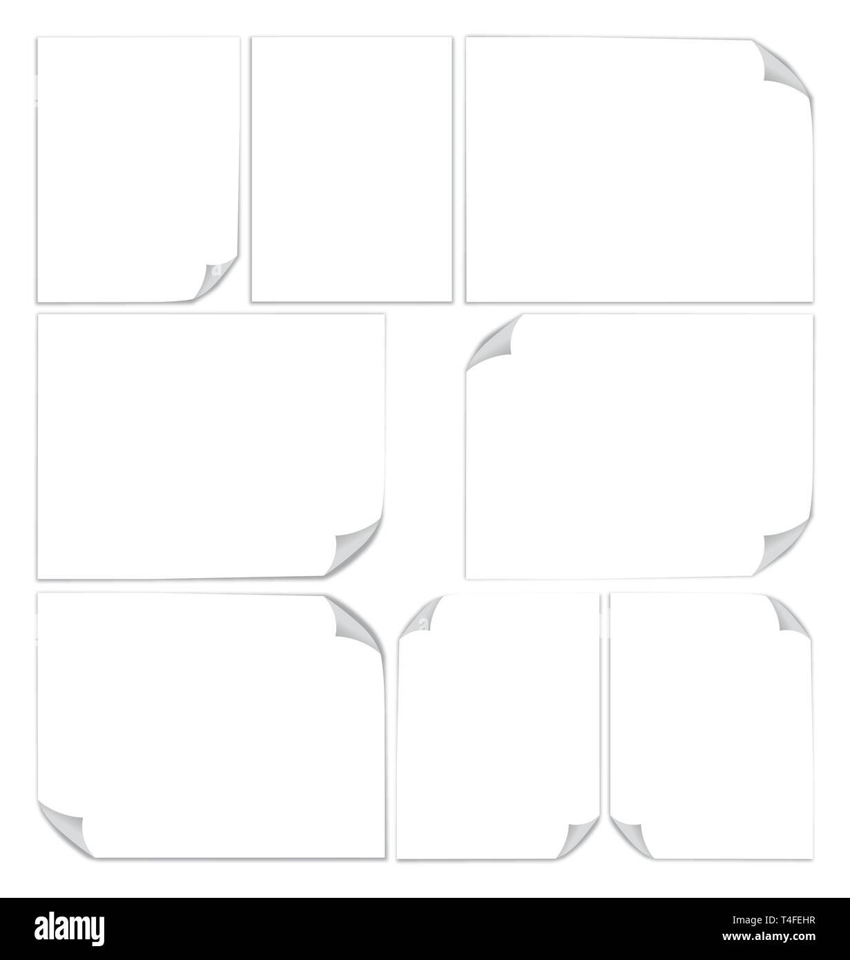 Set de 3d des feuilles de papier blanc format A4. Page papier avec curl. Illustration vecteur eps 10.0 Illustration de Vecteur