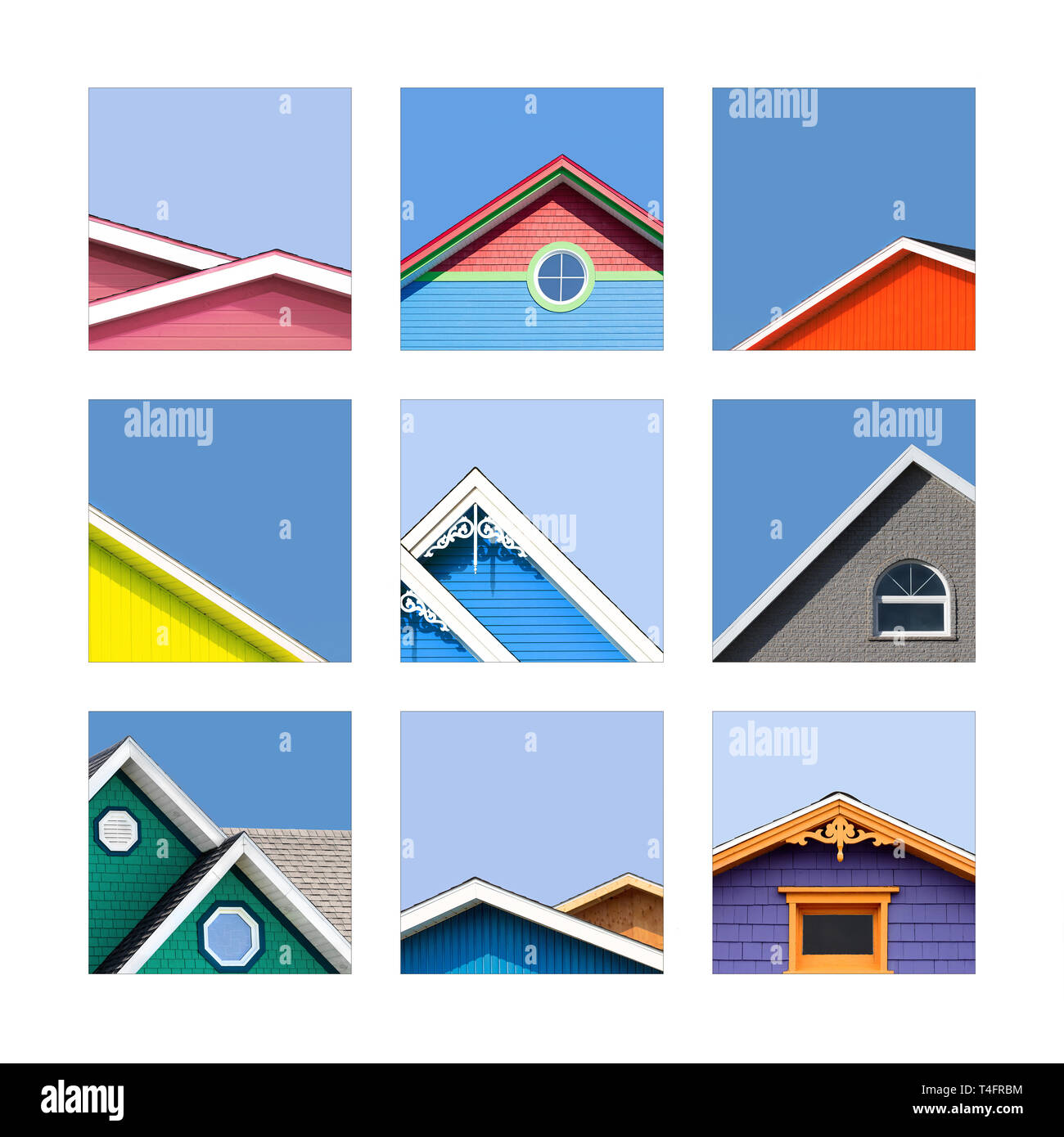 Collage des maisons aux couleurs des Îles-de-la-Madeleine, ou les Iles de la Madeleine au Canada. Les maisons traditionnelles sont en bois peint ou en bardeaux Banque D'Images