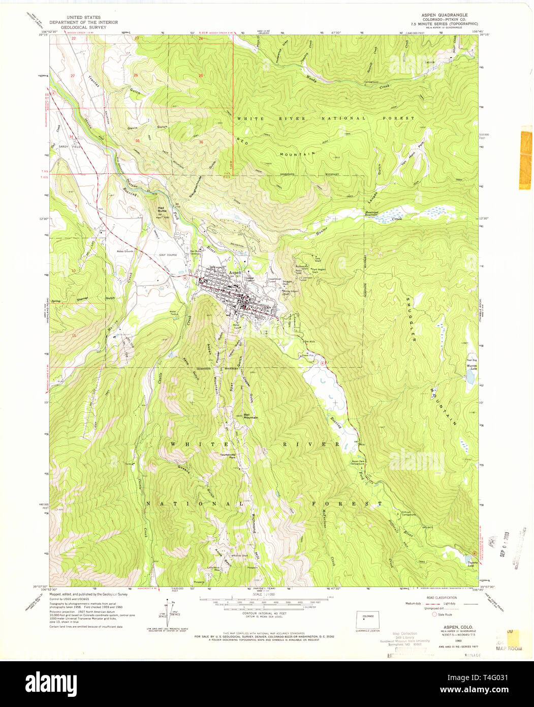 Carte TOPO USGS Colorado Aspen CO 4002721960 Restauration 24000 Banque D'Images