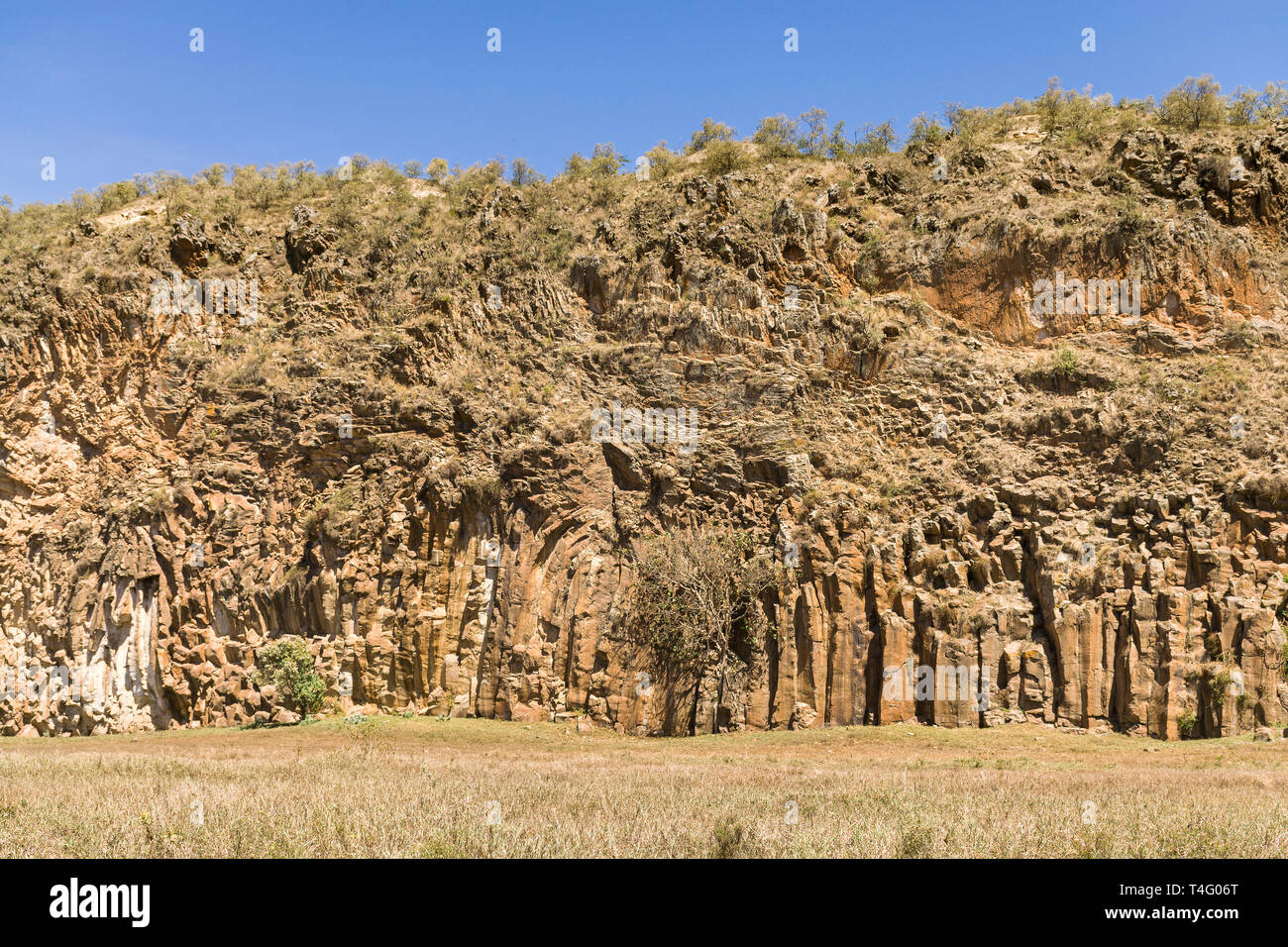 Les colonnes de basalte et de géologie volcanique formant des falaises, Hells Gate National Park, Kenya Banque D'Images