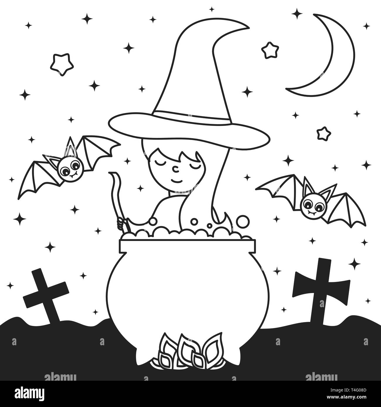 Jolies jeunes cuisiniers sorcière dessin animé une potion dans le chaudron dans la nuit noir et blanc vecteur halloween illustration de l'art à colorier Illustration de Vecteur