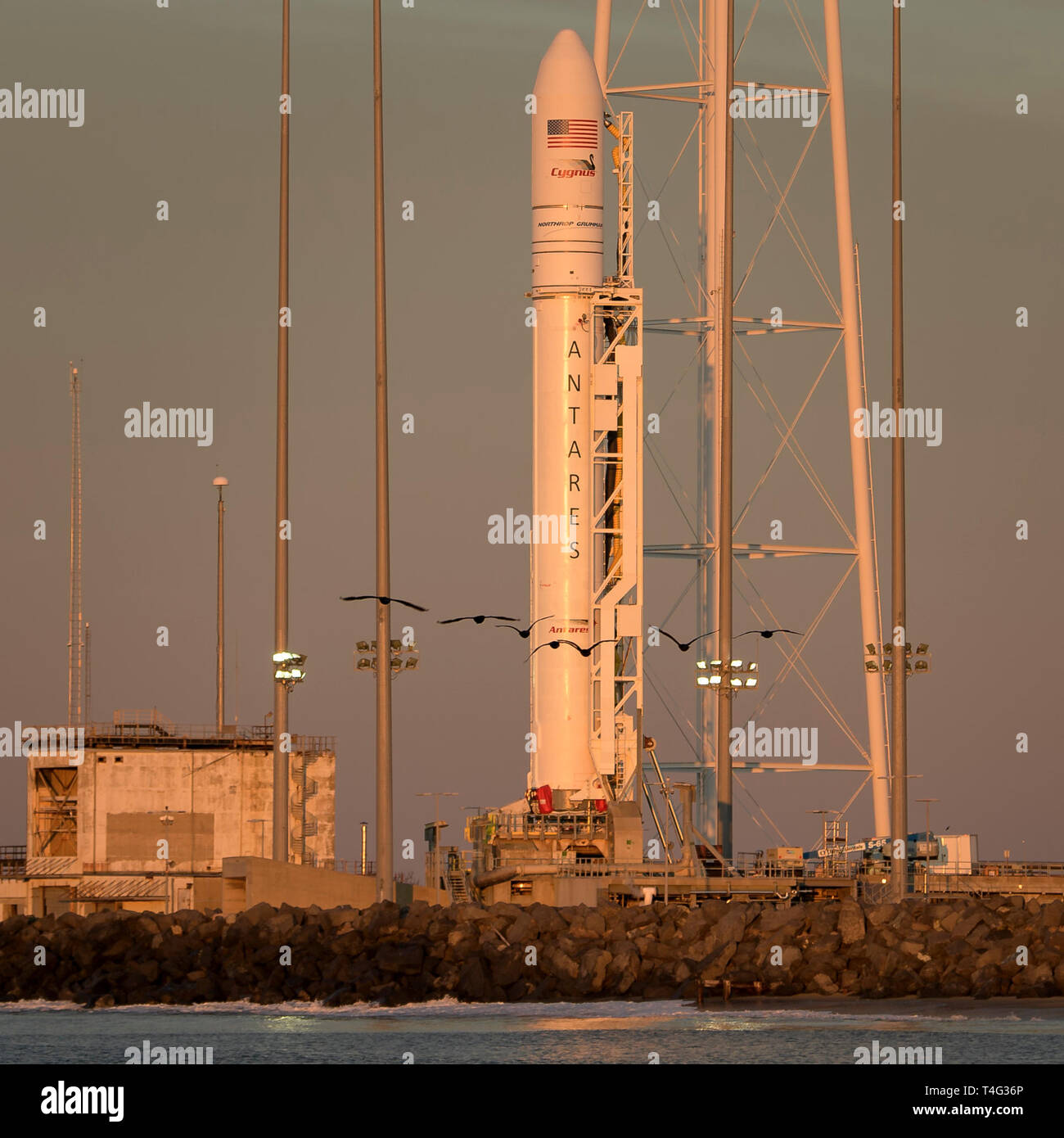 Un Northrop Grumman fusée Antares portant un ravitaillement Cygnus satellite est vu pendant le lever du soleil sur les surfaces-0A, mardi 16 avril, 2019 à Wallops Island en Virginie, Northrop Grumman un contrat de 11ème mission de ravitaillement en marchandises avec la NASA à la Station spatiale internationale offrira environ 7 600 livres de la science et de la recherche, de l'équipage et des fournitures à la construction du véhicule pour le laboratoire orbital et son équipage. (Bill Ingalls/NASA via AP) Banque D'Images