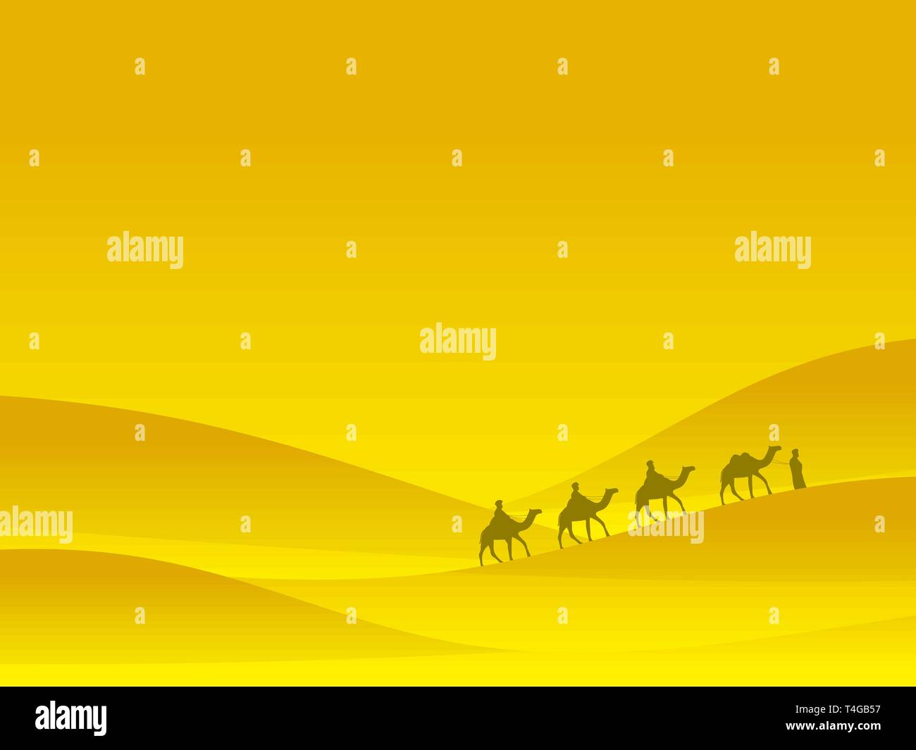 Caravane dans le désert. Les gens sur les chameaux se déplacent sur les dunes de sable. Paysage désertique. Vector illustration Illustration de Vecteur
