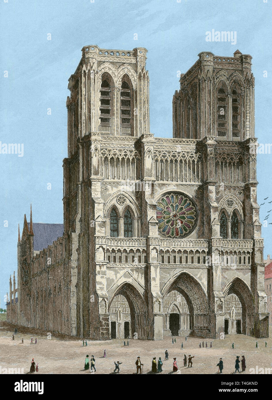 Cathédrale Notre-Dame, Paris, France. Sa construction a commencé en 1163 et a été achevé en 1345. Dessin par Gaucherel. Gravure, 1841. Universal-France 'Panorama'. Plus tard la couleur. Banque D'Images
