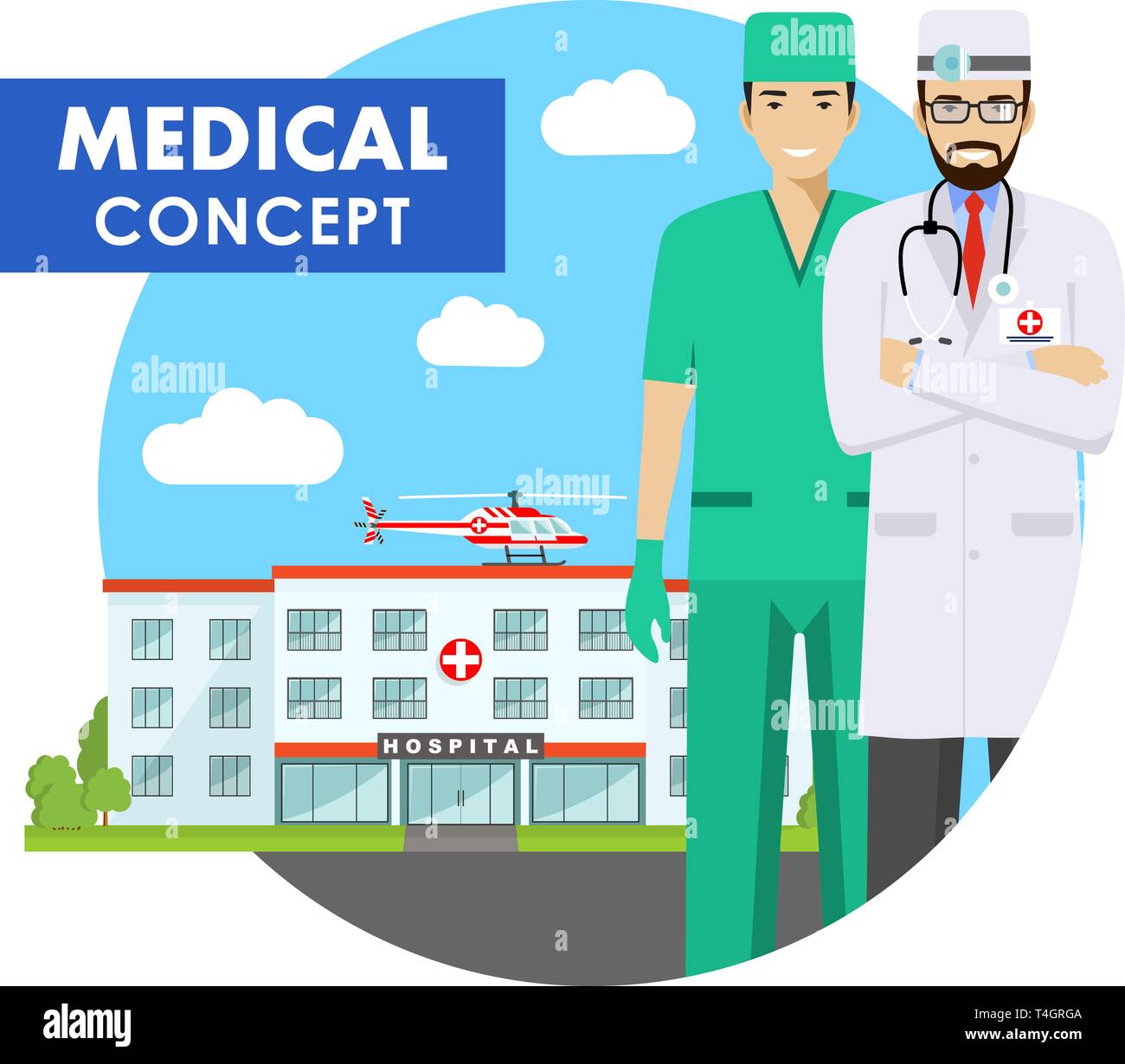 Concept médical. Illustration détaillée du médecin d'urgence homme en uniforme sur l'arrière-plan avec l'hôpital et en hélicoptère télévision style. Vector Illustration de Vecteur