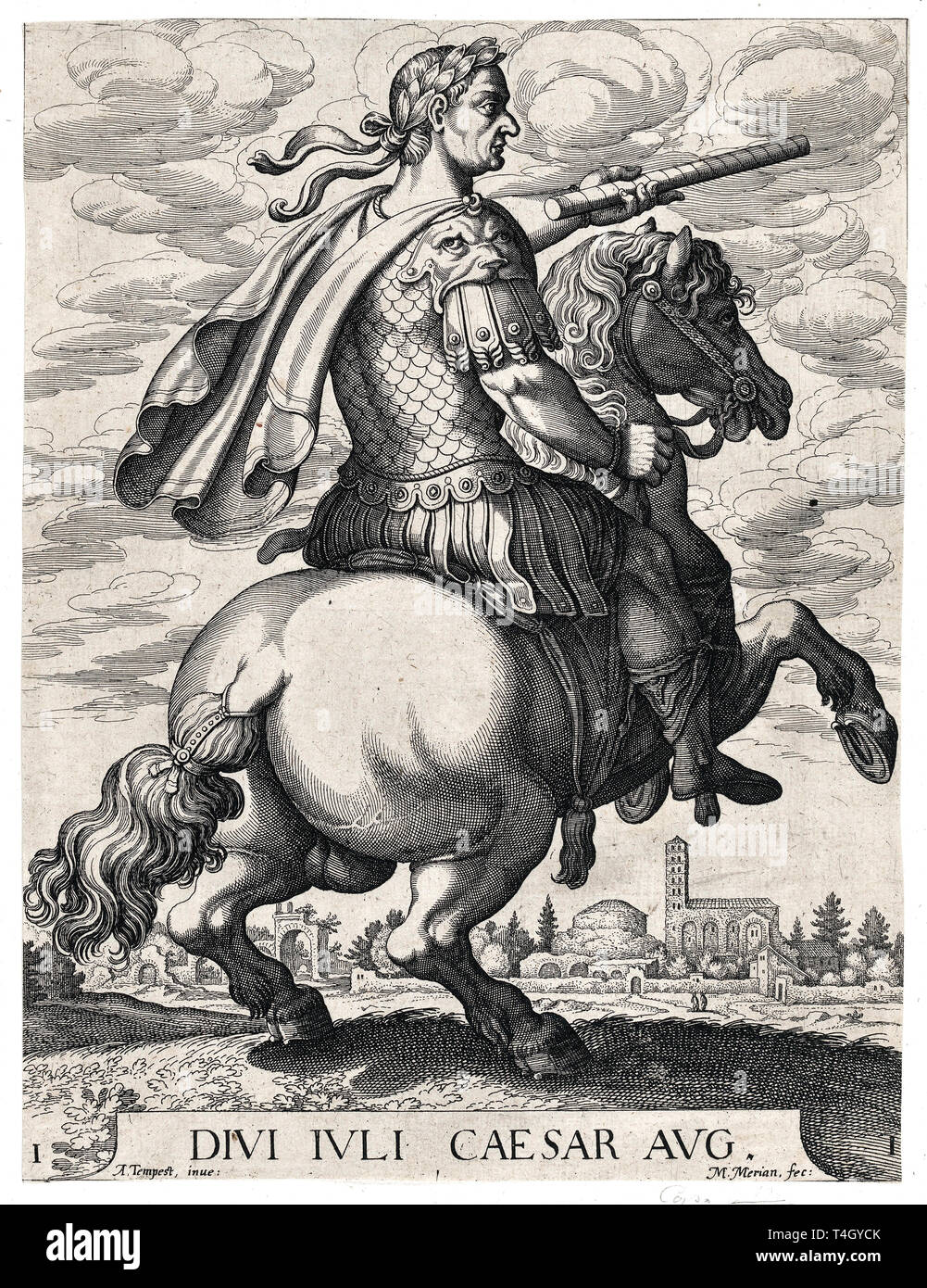 Empereur Jules César à cheval, à partir de ' Les douze Césars Romains', Matthäus Merian l'ancien après Tempesta, ch. 1610 Banque D'Images