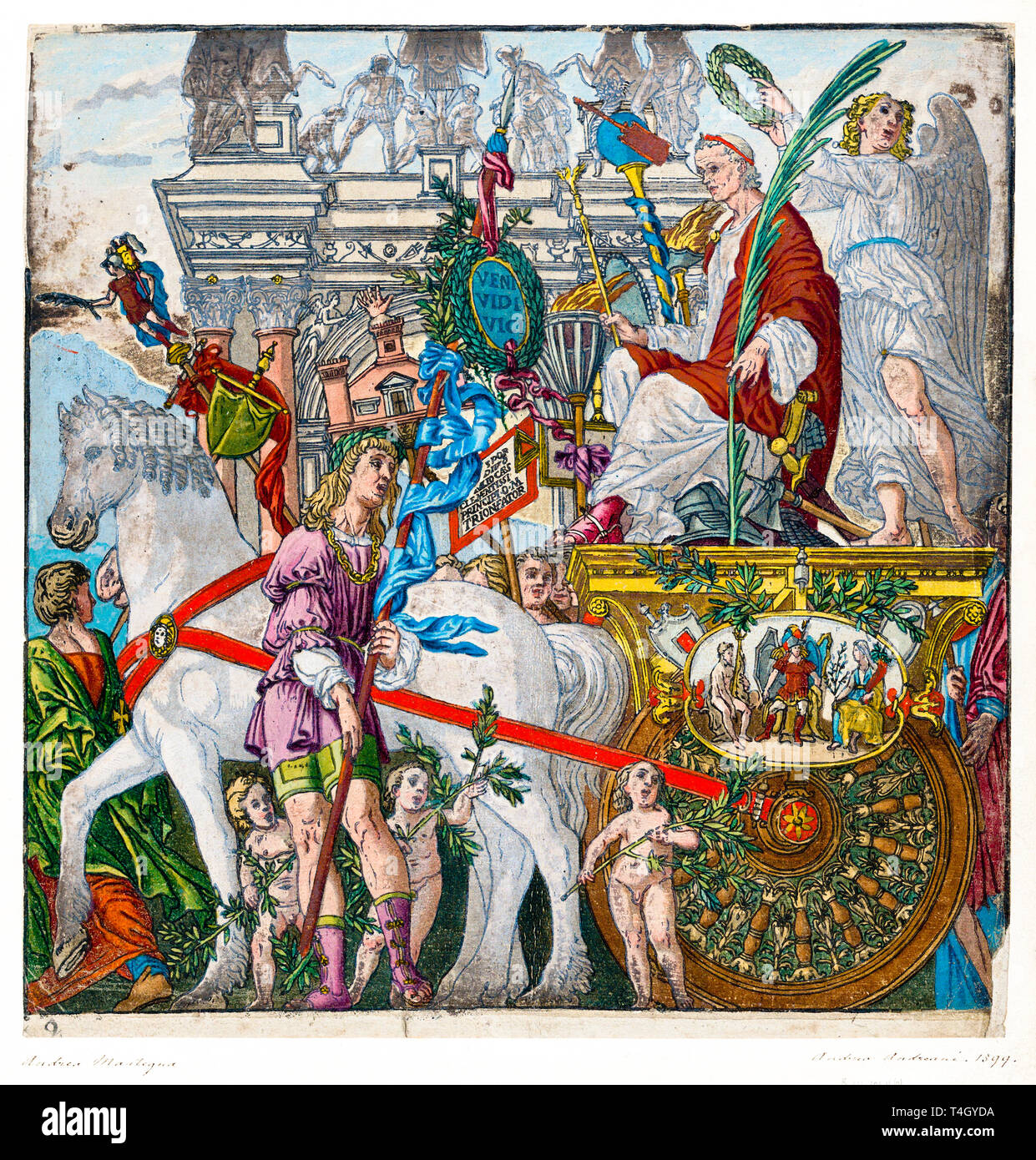 Jules César dans son char tiré par des chevaux, Andrea Andreani, coloriés à la main d'impression gravure sur bois, 1599 Banque D'Images