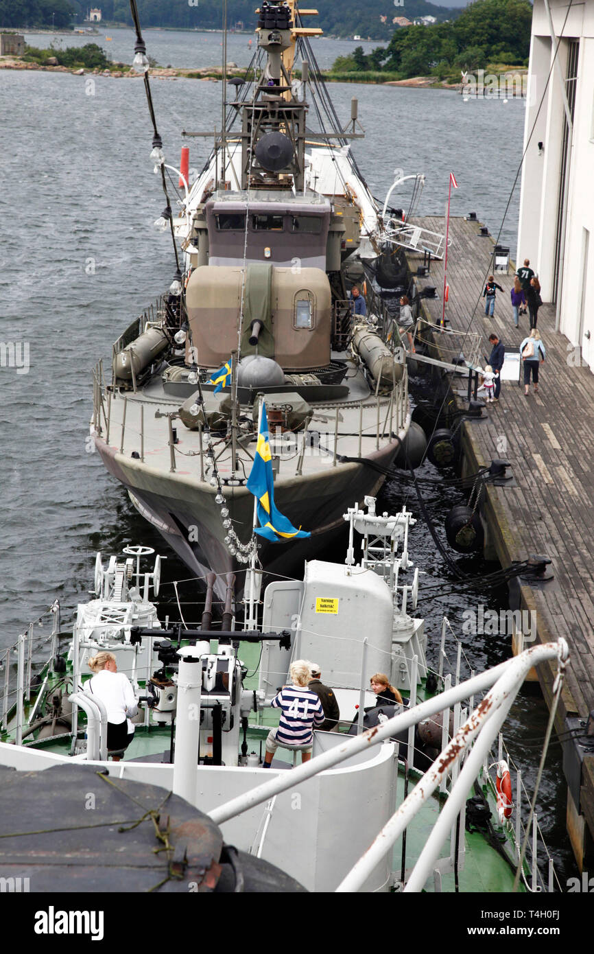 Bateaux militaires au Marine Museum in Karlskrona. Banque D'Images