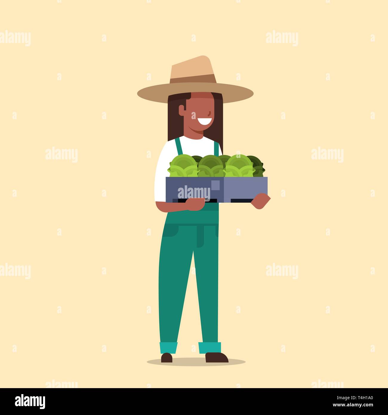 Happy african american farmer holding box avec salade verte légumes chou woman harvesting travailleur agricole en uniforme l'agriculture écologique Illustration de Vecteur