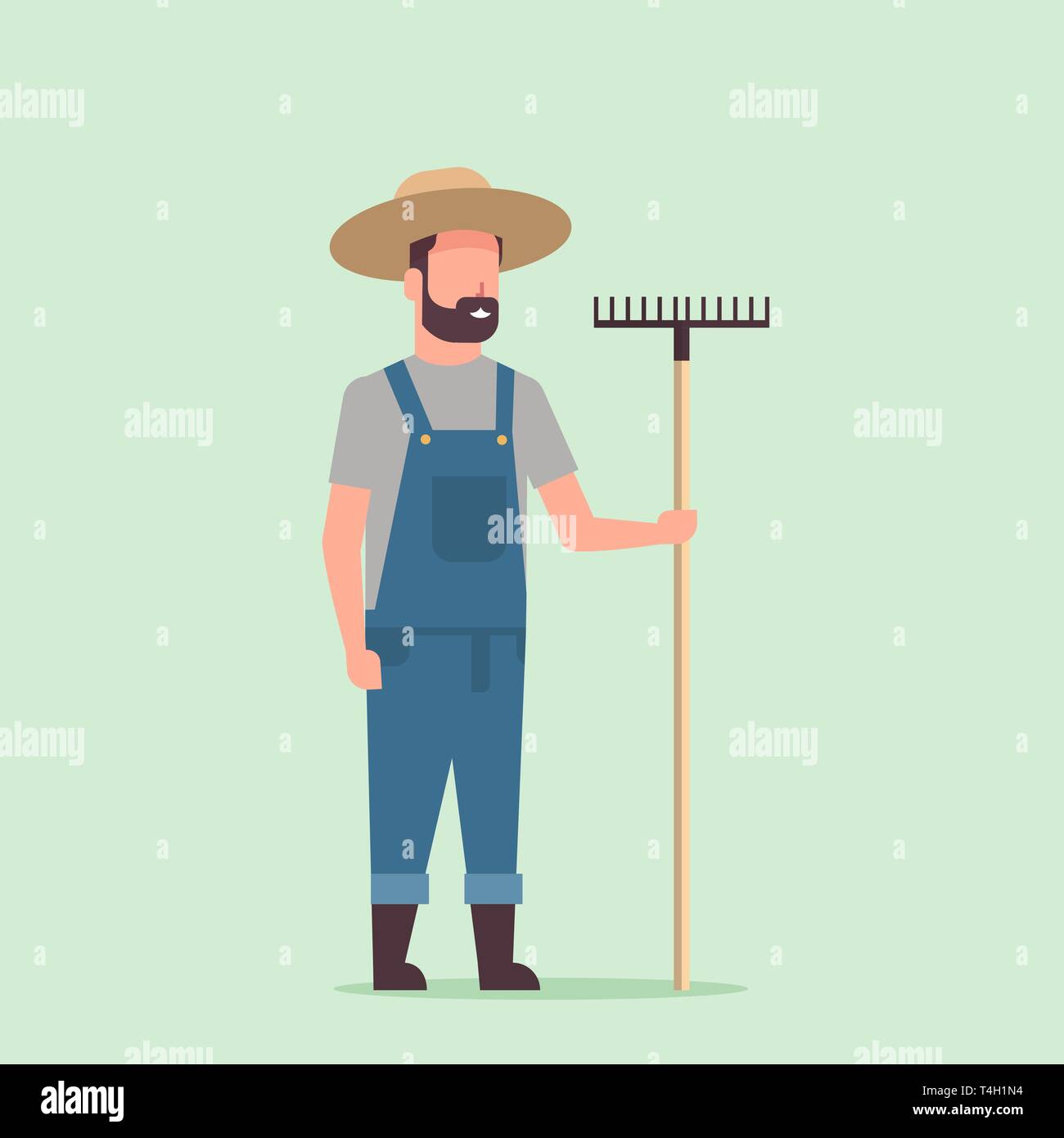 Jardinier holding rake pays homme travaillant dans l'agriculture eco jardinage jardin pleine longueur concept Illustration de Vecteur