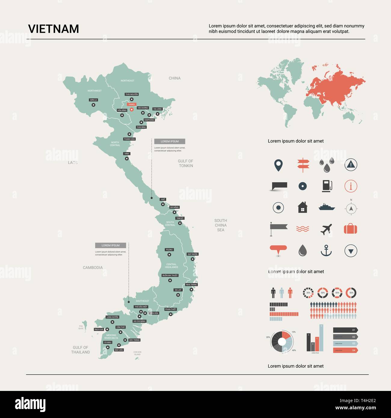 Carte vectorielle du Vietnam. Carte pays très détaillés avec division, villes et capitale Hanoi. Une carte politique, carte du monde, les éléments de l'infographie. Illustration de Vecteur