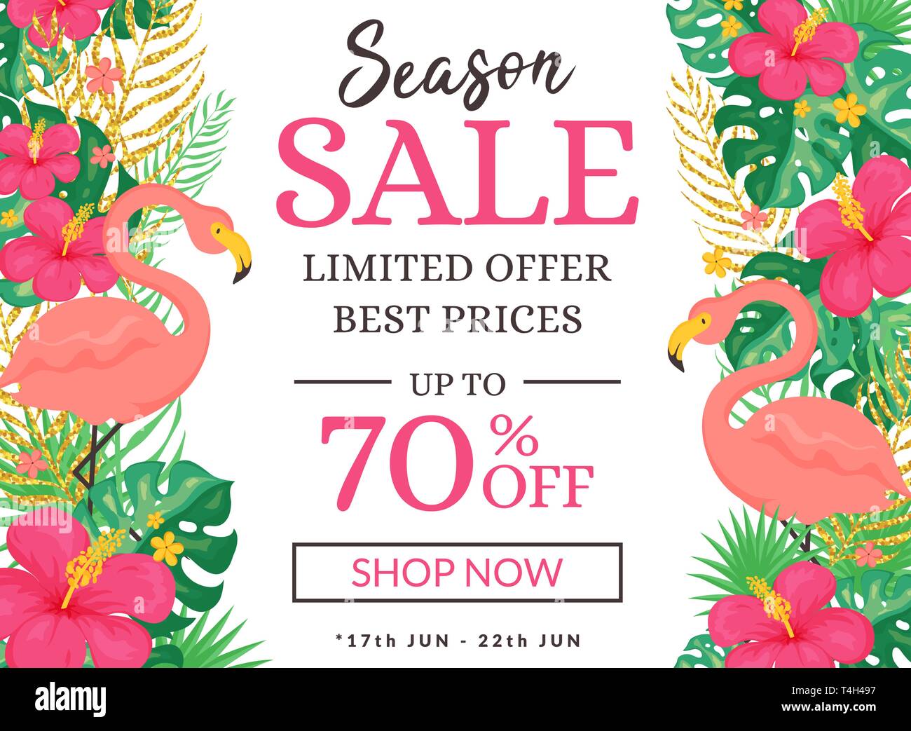 Vente bannière avec fond tropical. Promotion d'été modèle avec des flamants roses et des fleurs. Vector illustration. Illustration de Vecteur