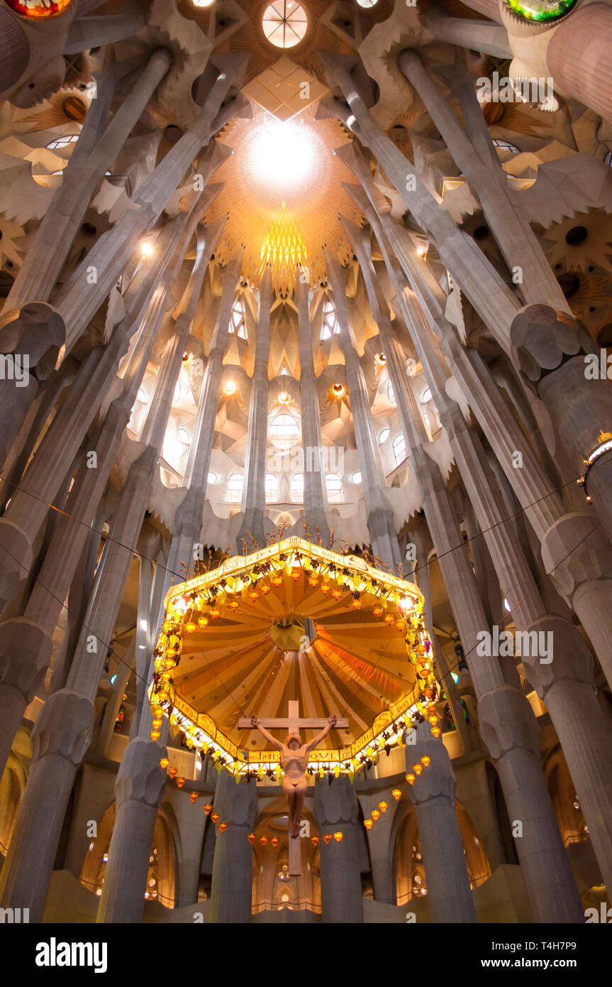 Intérieur du temple expiatoire de la Sagrada Familia, conçu par l'architecte Antoni Gaudi, Barcelone, ​​Catalonia, Espagne Banque D'Images