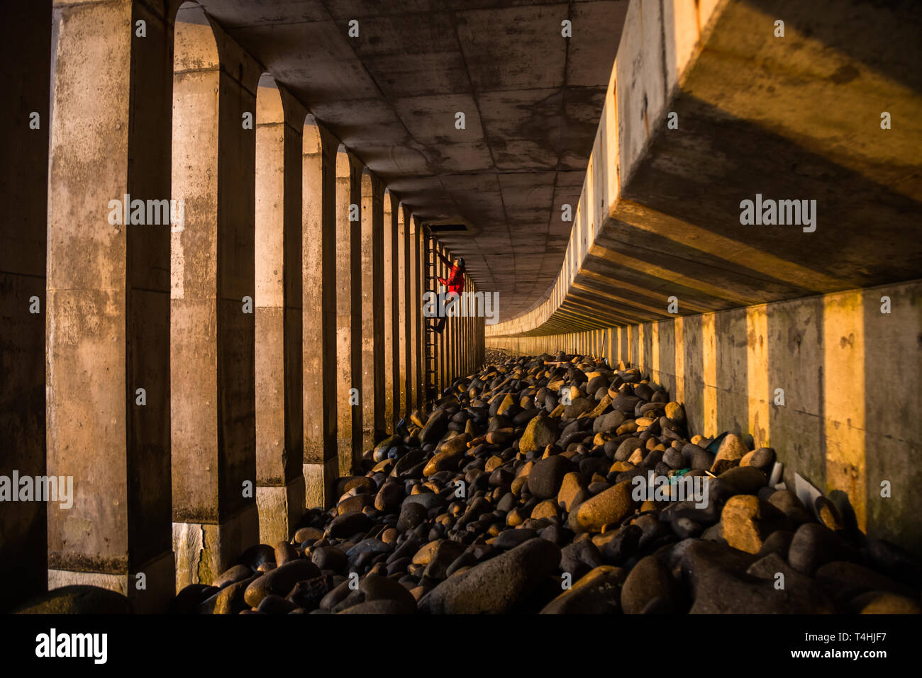 Rayures de soleil éclairer une scène underground comme un jeune homme grimpe une échelle sur une colonne de ciment sous la structure d'un pont sur une plage rocheuse en jap Banque D'Images