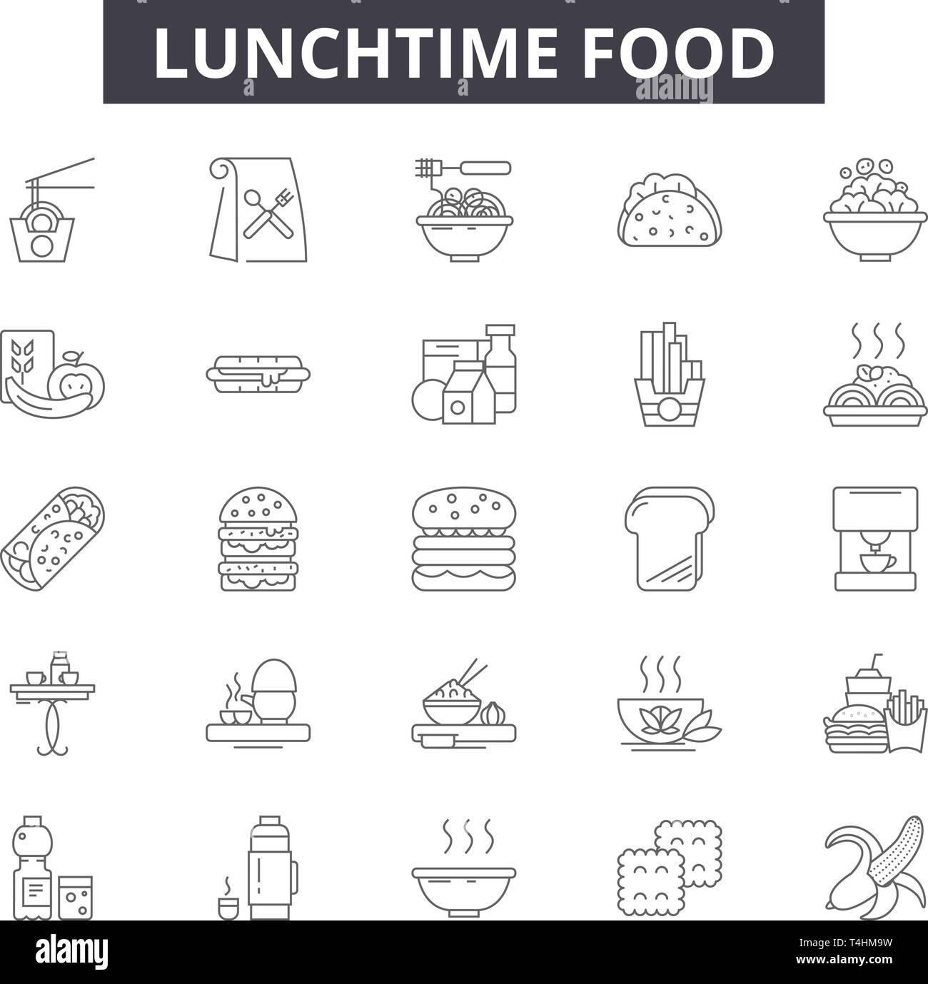 Icônes de ligne de l'alimentation à l'heure du déjeuner, signes, vecteur. Résumé du concept alimentaire midi illustration : l'heure du déjeuner, déjeuner, repas,alimentaire,snack,container,le dîner Illustration de Vecteur