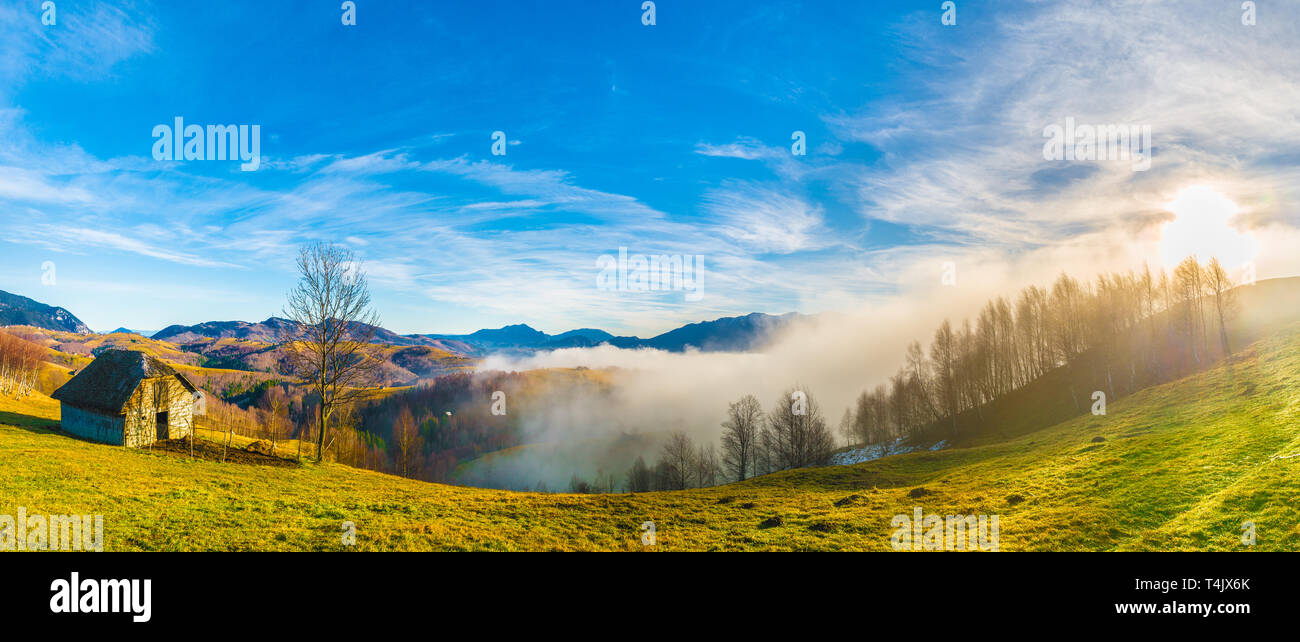 Paysage rural avec du brouillard en Sirnea - village Fundata, Transylvanie monument, Roumanie Banque D'Images