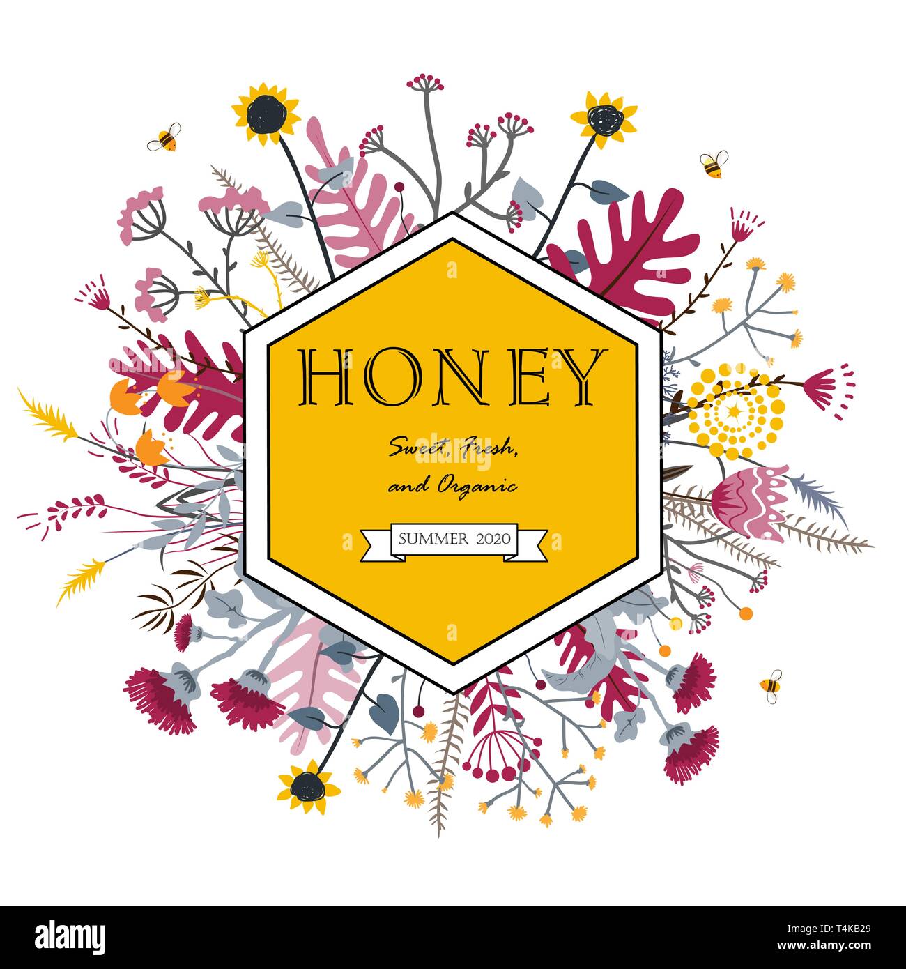 Trame hexagonale avec fleurs et abeilles miel mignon. Cartoon vector illustration. Grasslend Concept de miel. Illustration de Vecteur