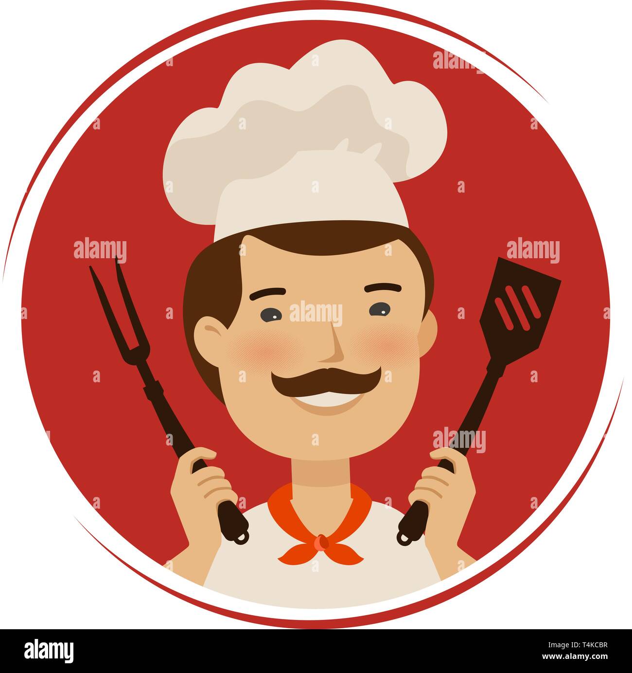 Restaurant logo ou l'étiquette. Happy chef holding barbecue outils. Cartoon vector illustration Illustration de Vecteur