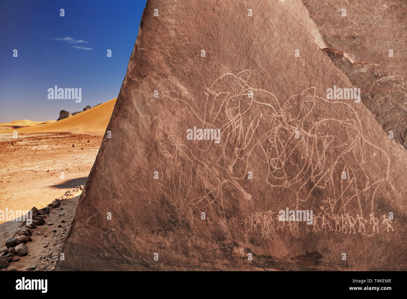 Gravure rupestres dans désert du Sahara, Tadrart, Algérie Banque D'Images