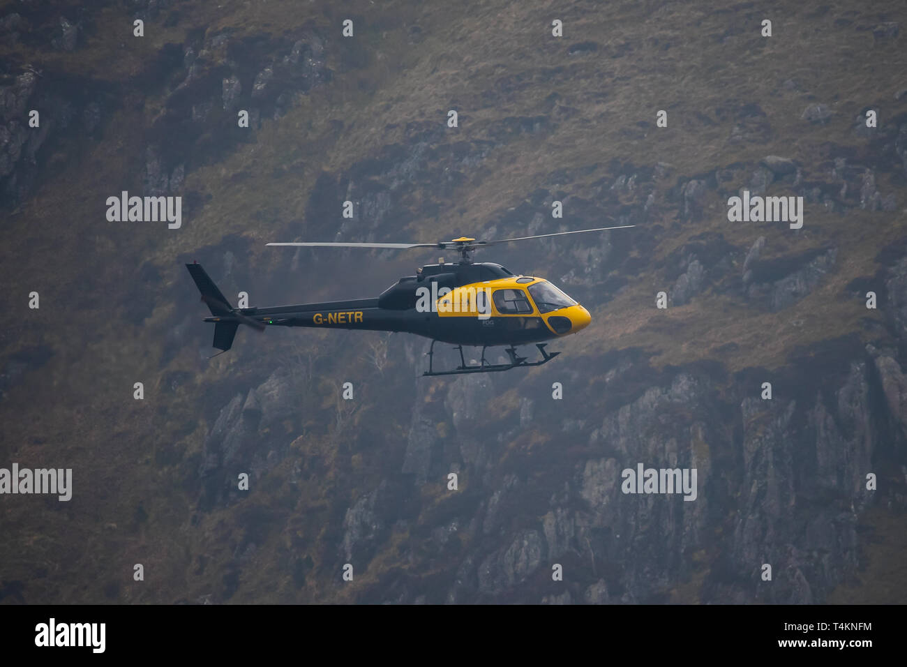 Airbus Helicopters AS355 Ecureuil vole dans Mach Loop, le Pays de Galles au Royaume-Uni. Banque D'Images