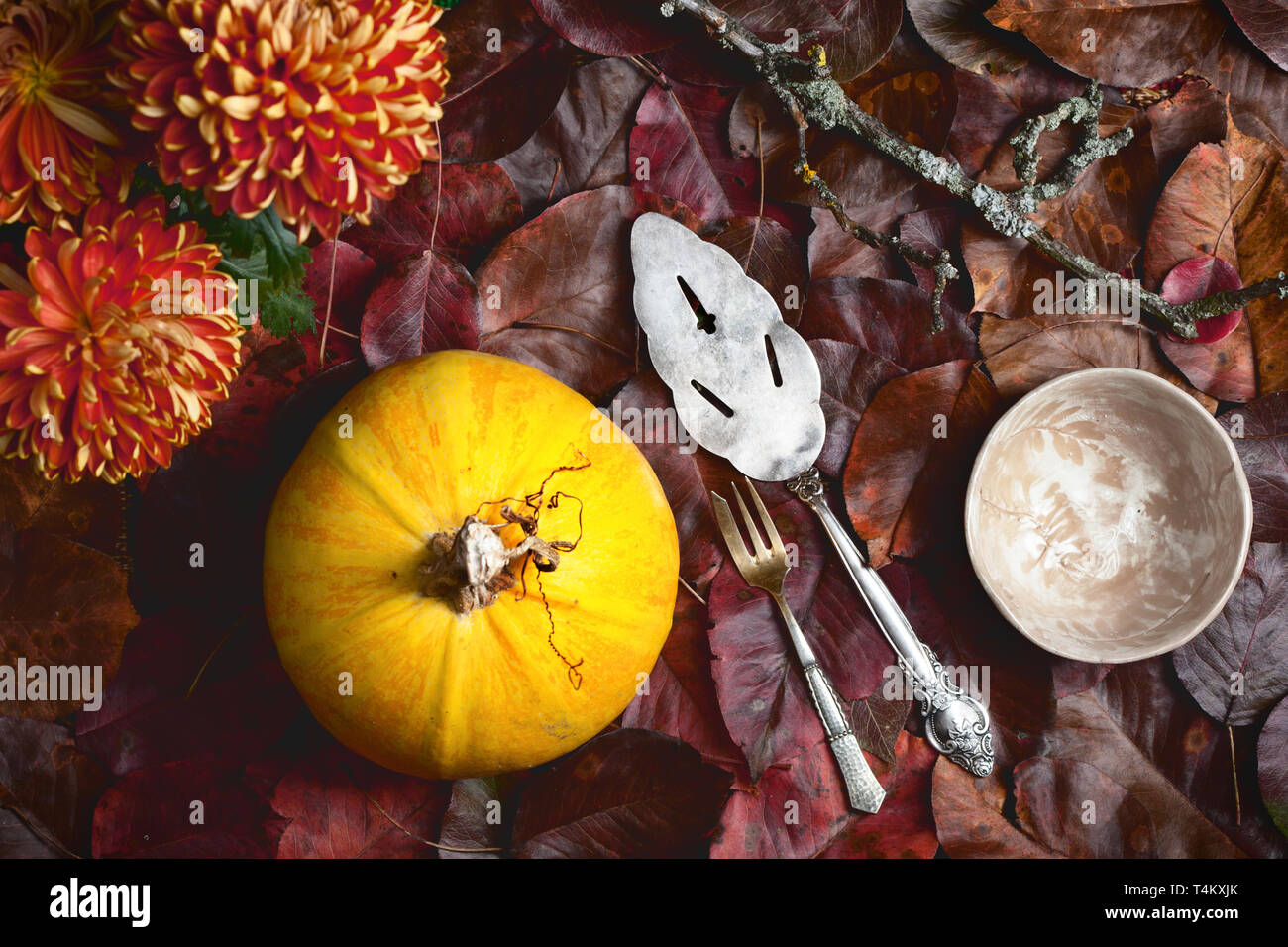 Les couleurs jaune et rouge automne fond à la citrouille, de feuilles, de fleurs et de vaisselle Banque D'Images