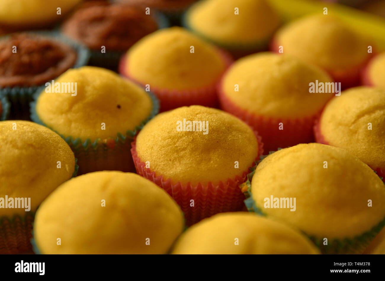 Un bac plein de petits gâteaux. Une rangée de chocolat blanc central, et d'autre avec et sans la couverture hat. Arrière-plan flou. Banque D'Images