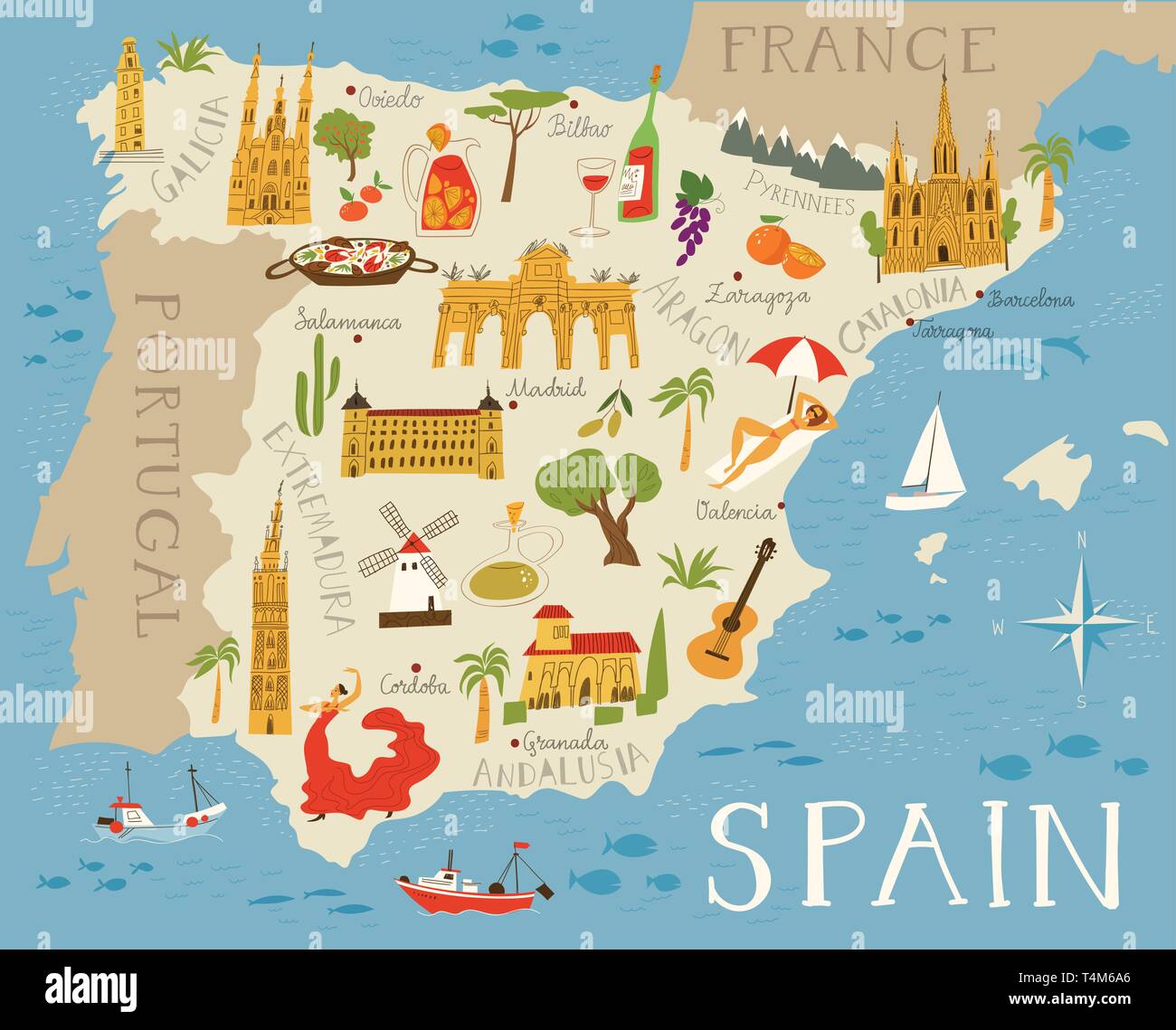 Haut De Vecteur Vecteur Detaillee Carte De L Espagne Avec Les Villes Et Les Symboles De L Espagne Image Vectorielle Stock Alamy
