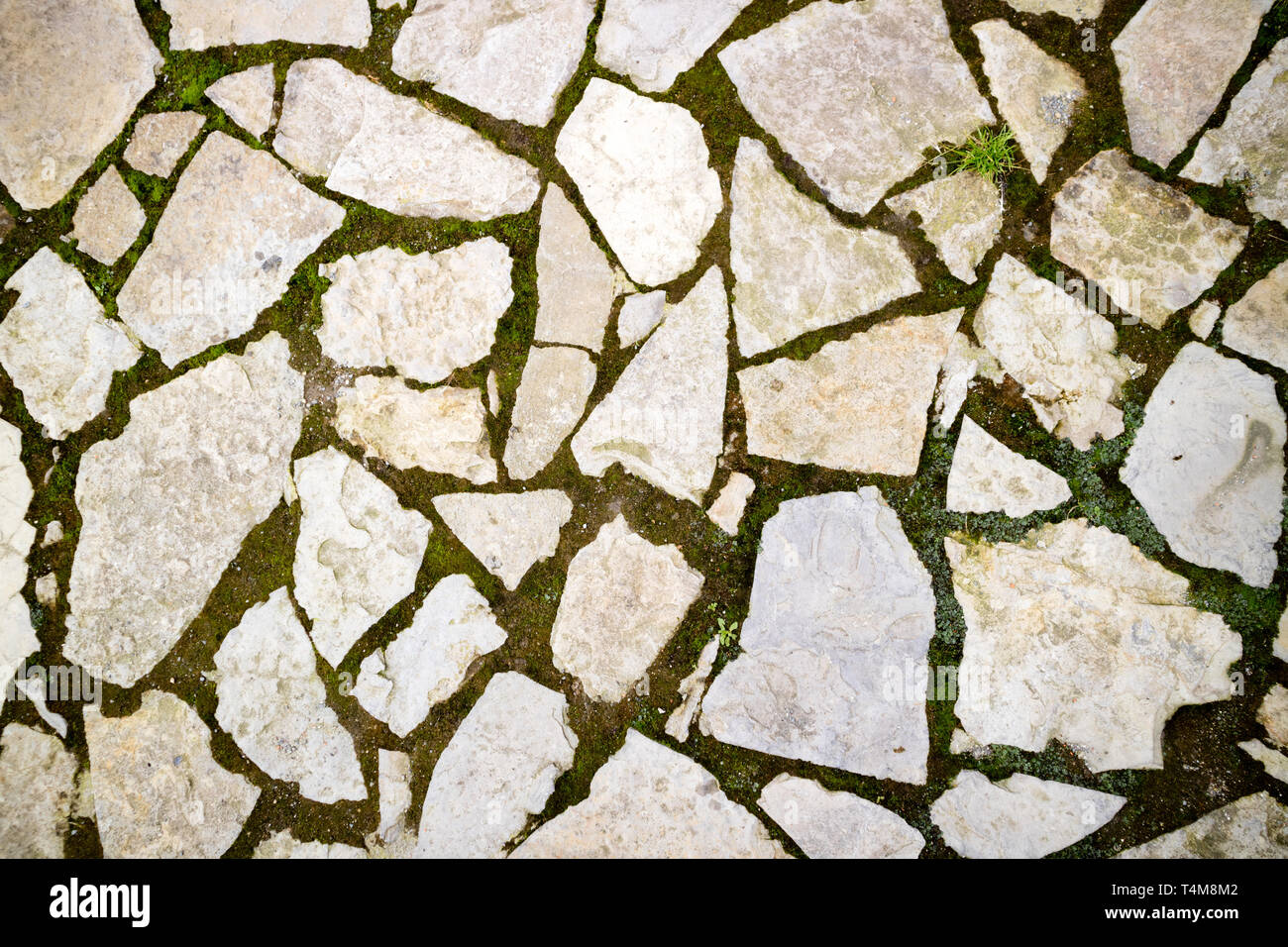 La texture de la chaussée de pierre. La chaussée pavée de granit. Arrière-plan de pavage sur la rue. Vue d'en haut Banque D'Images