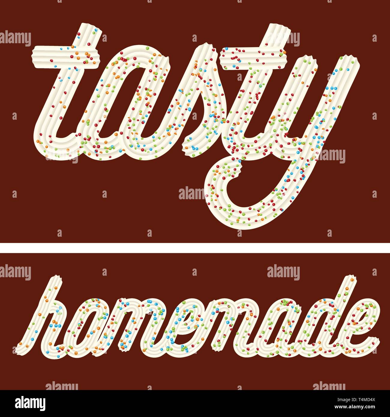 Tentant de la typographie. Texte de givrage. Mots "tasty" et "des" de la crème fouettée avec des bonbons glacés.Vector Illustration de Vecteur