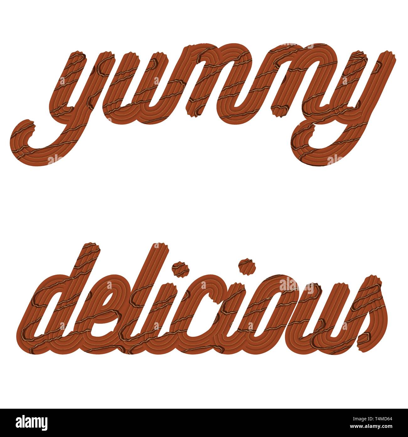 Tentant de la typographie. Texte de givrage. Mots 'delicious' et 'yummy' à partir de la crème au chocolat glacé. Vector Illustration de Vecteur