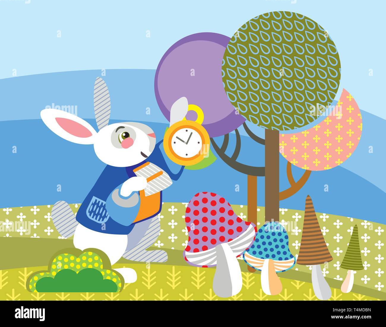 Image vectorielle décoratives colorées lapin blanc avec golden clock en forêt. Alice au Pays des merveilles - Personnage, vector cartoon illustration télévision Illustration de Vecteur