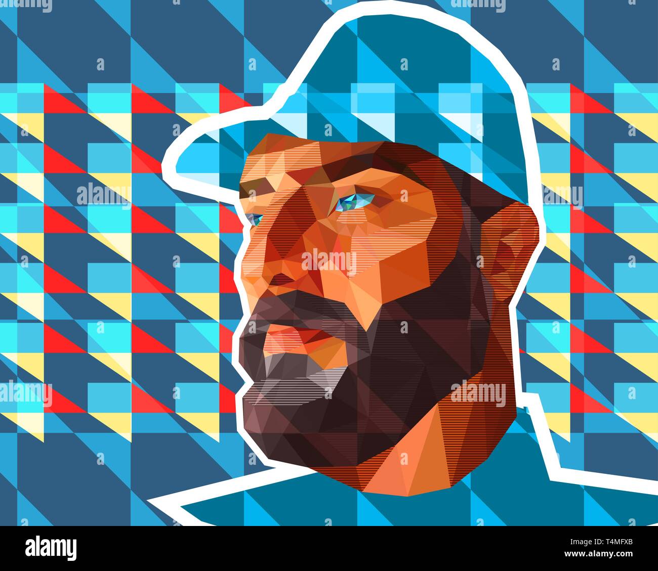 Vector illustration en bas Style polygone. Un homme avec de grandes fonctions expressives, une épaisse barbe, un escroc-nez et les yeux légèrement de biais est habillé en m Illustration de Vecteur